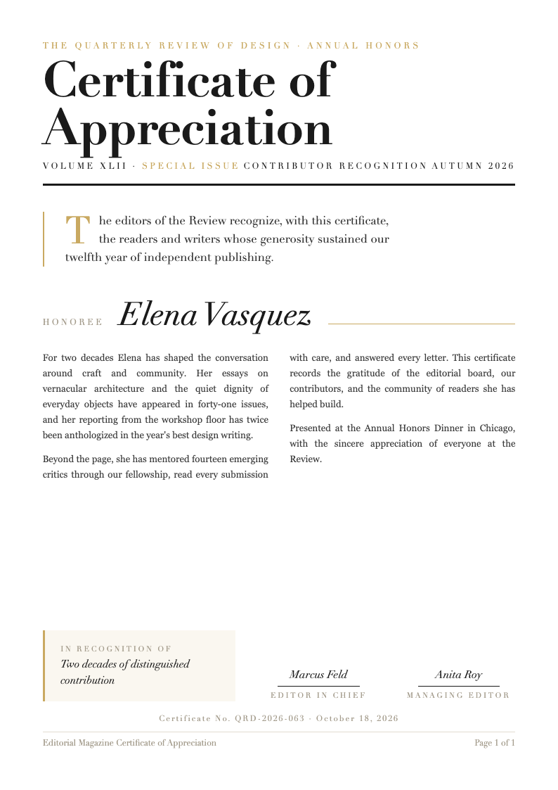 Editorial magazine certificate